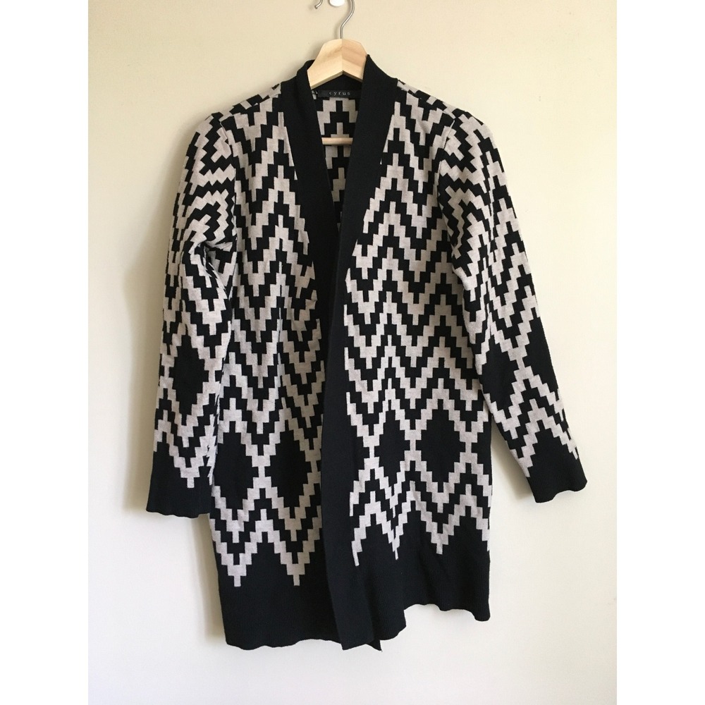 Cyrus Womens Black Cream Geometric Open Front Cardigan Sweater Large Longline